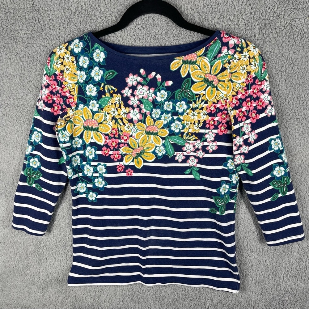 Talbots Tee Shirt Petite Blue White Floral Stripes - Picture 1 of 8